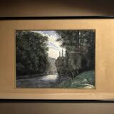 Pinet (h), watercolor landscape with bridge signed dated end of 19th century