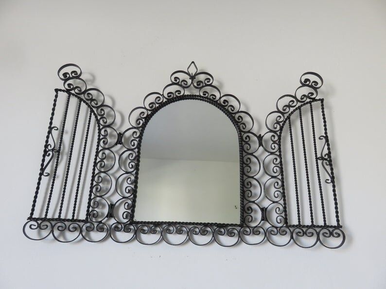 Opening mirror, shuttered, in black wrought iron, Vallauris 50s 60s
