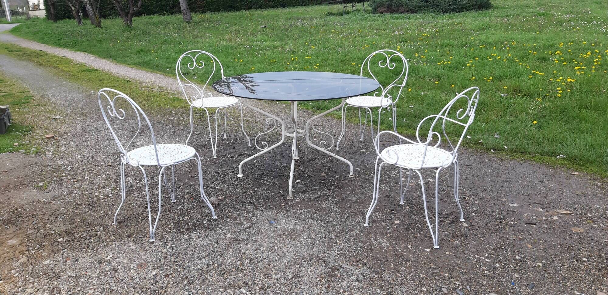 Garden furniture wrought iron and smoked glass 1900