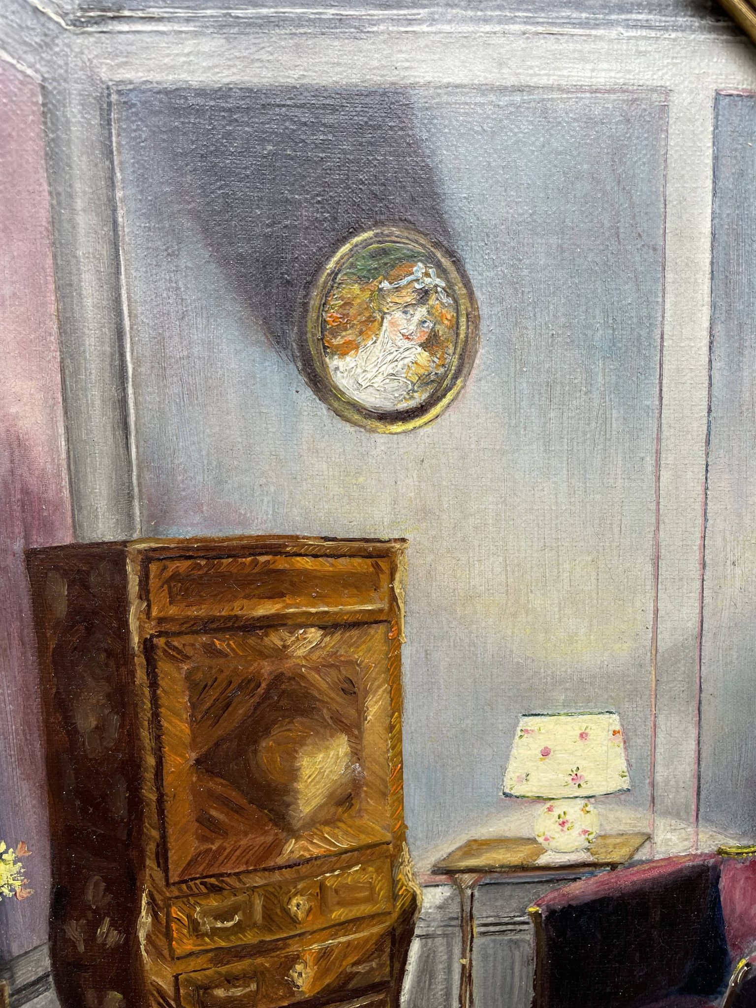 Ancient, Oil painting, interior scene, signed, wood frame, gilded, painting, French painter