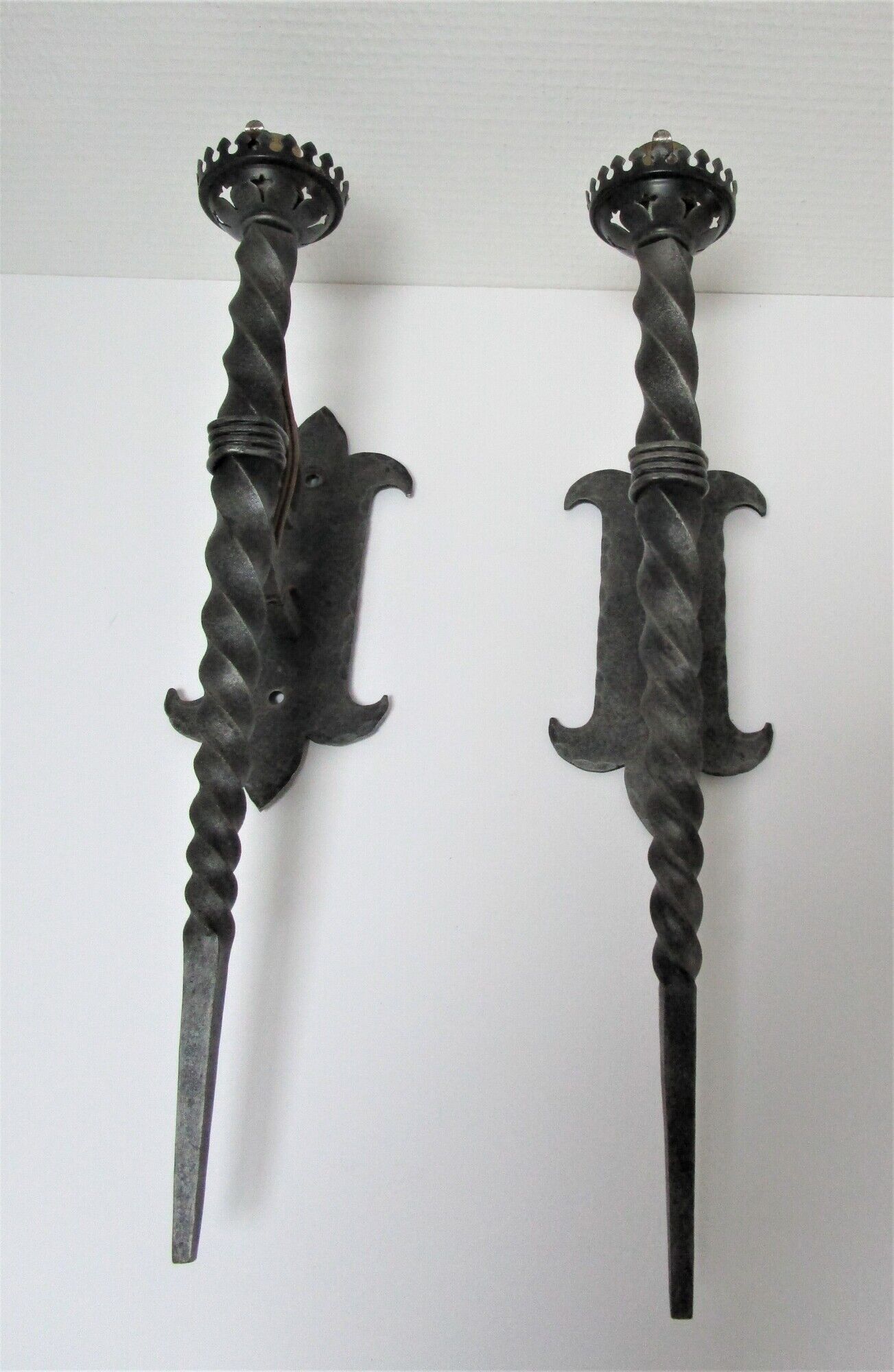 Pair of wall lamps torch glass flame and metal early XXth