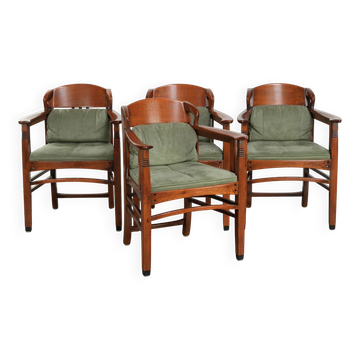 Ensemble de 4 chaises de salle à manger Art Nouveau/Jugendstil avec revêtement en daim.