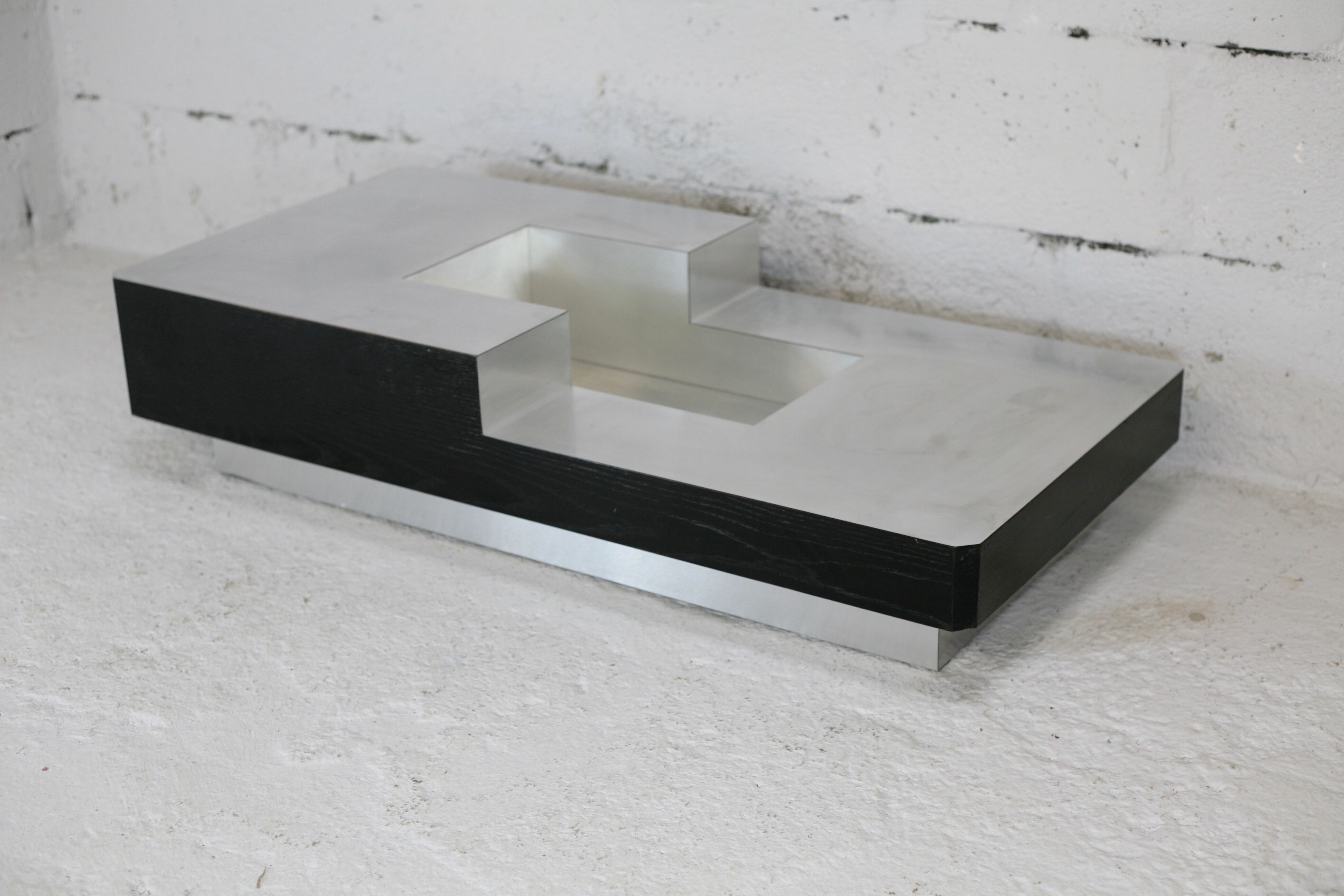 Coffee table "Space Age", wood, aluminum veneer, France, circa 1970