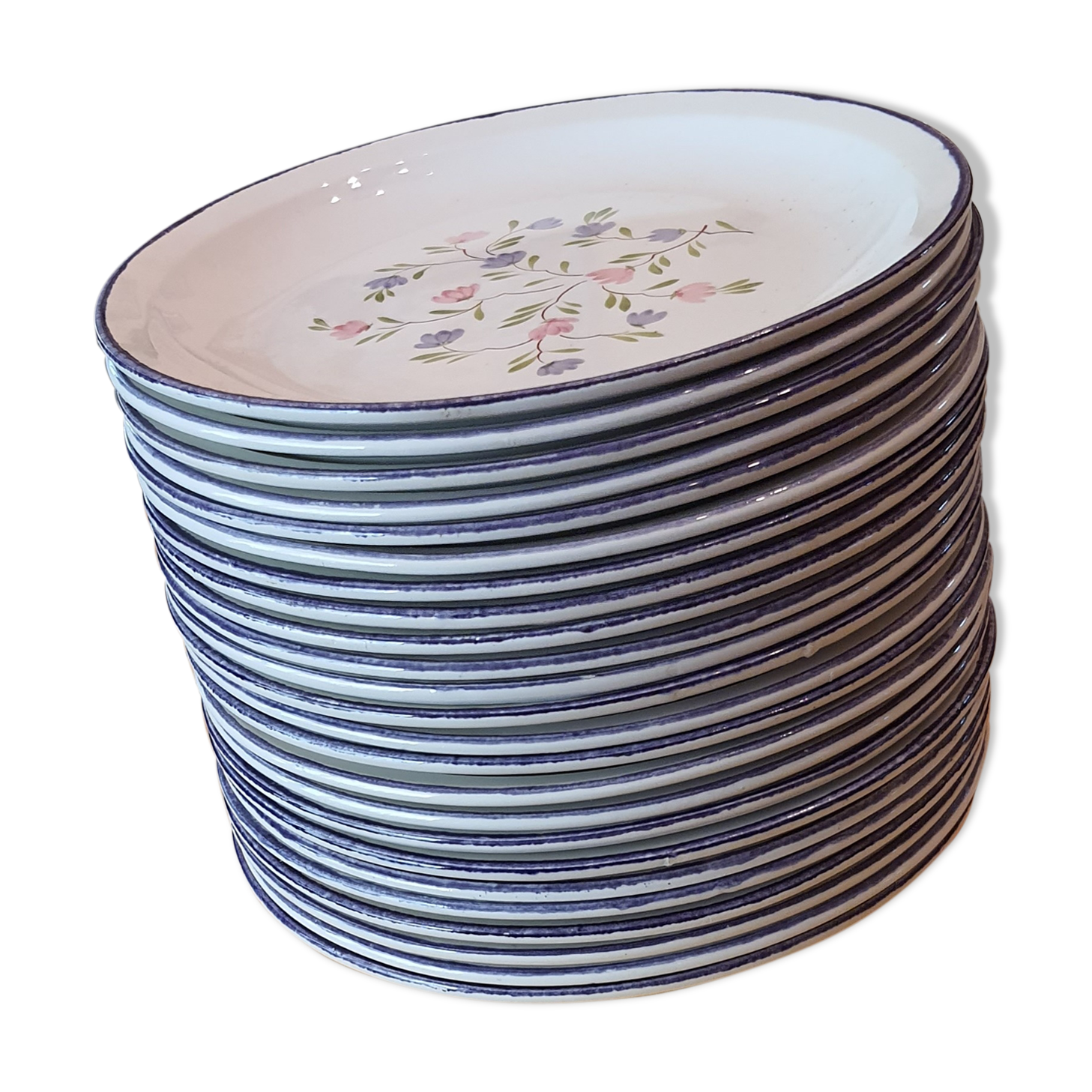 Lot de 24 assiettes en faïence et 2 plats - décor fleur