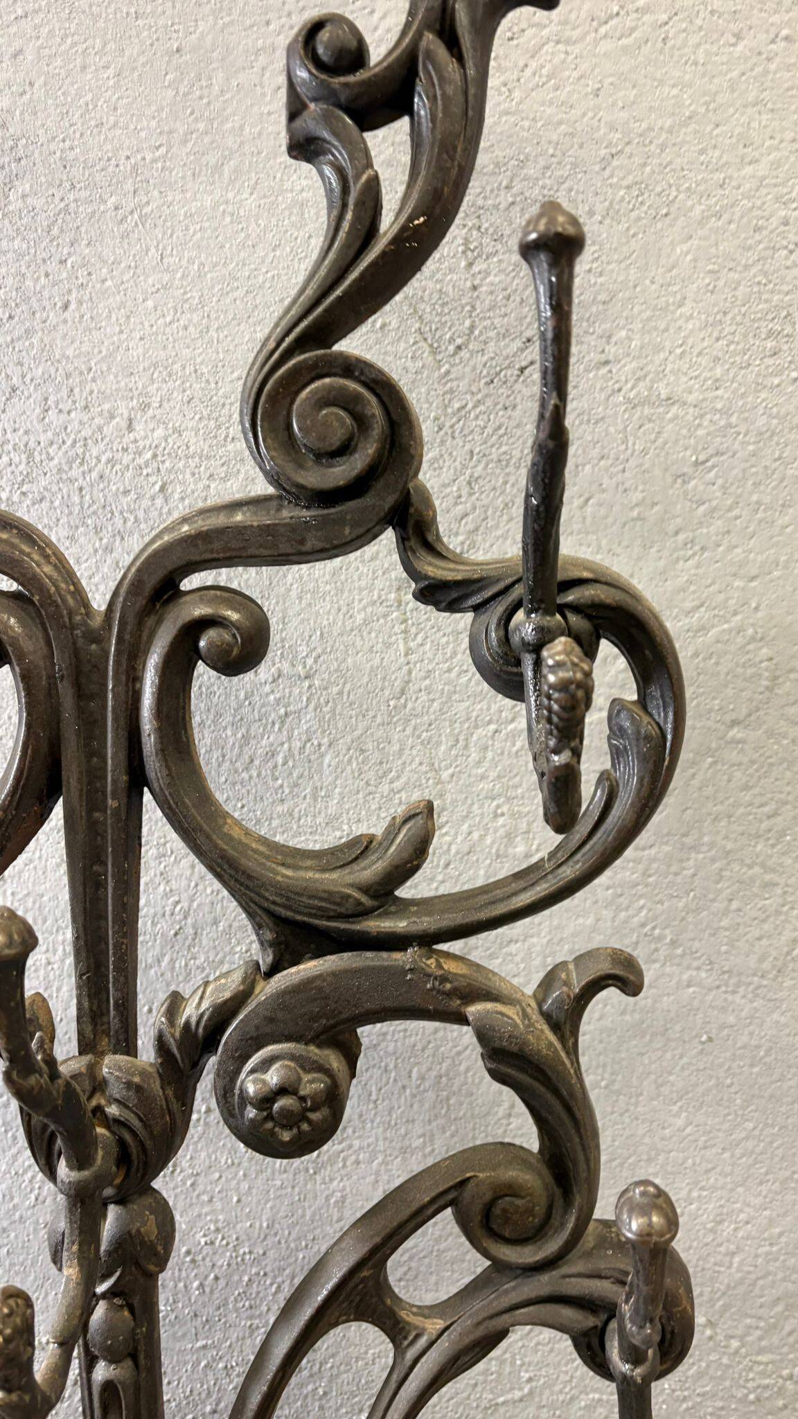 Antique cast iron hall stand, Victorian coat rack with marble base, ornate hall tree, 19th century