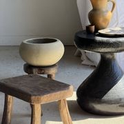 Small stool, oval solid teak accent stool wabi-sabi H25 45x31.