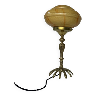 Ancienne lampe vintage laiton et verre marbre