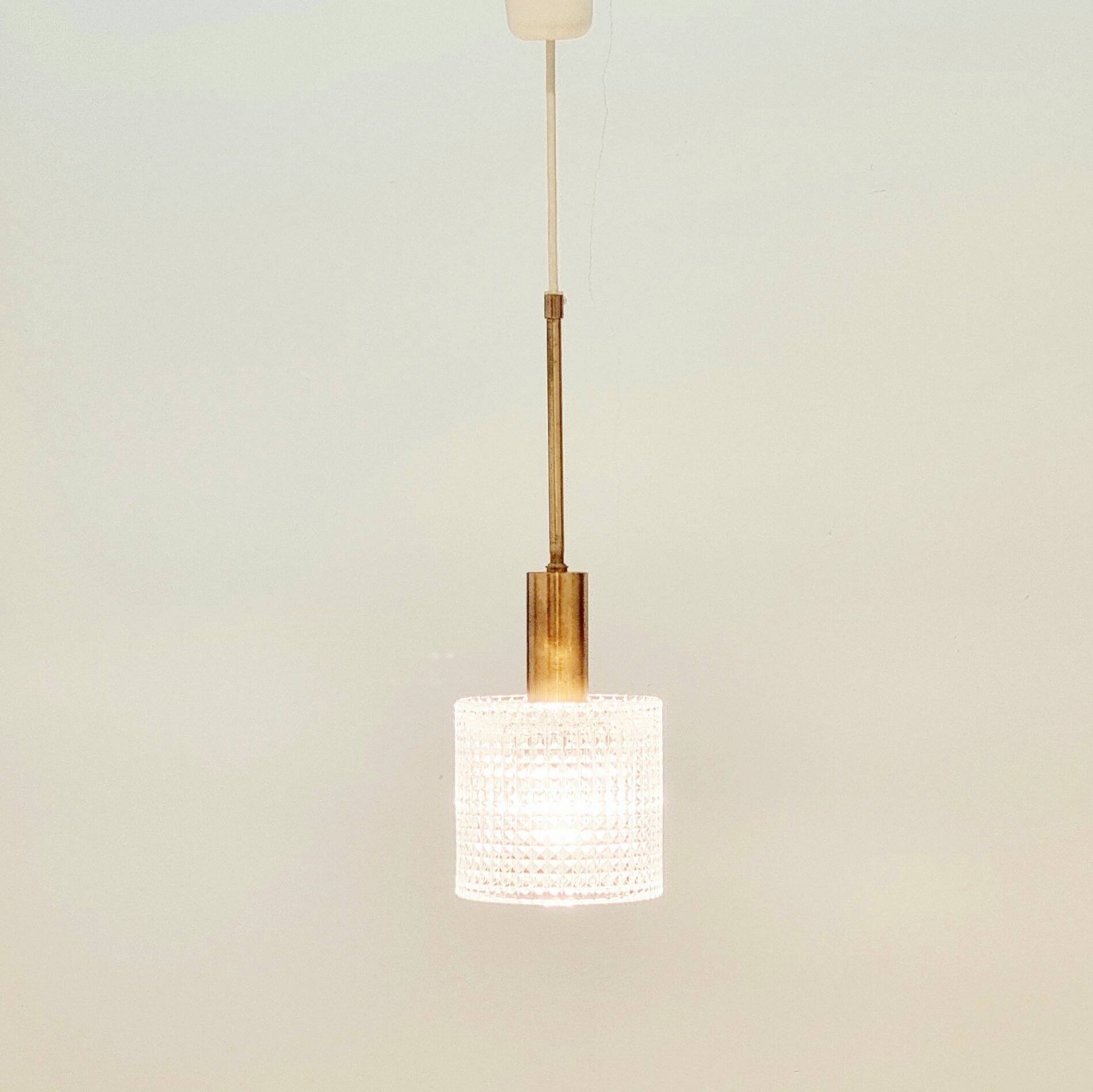 Mid-Century Scandinavian Crystal Glass & Brass Ceiling Light by Fagerlund