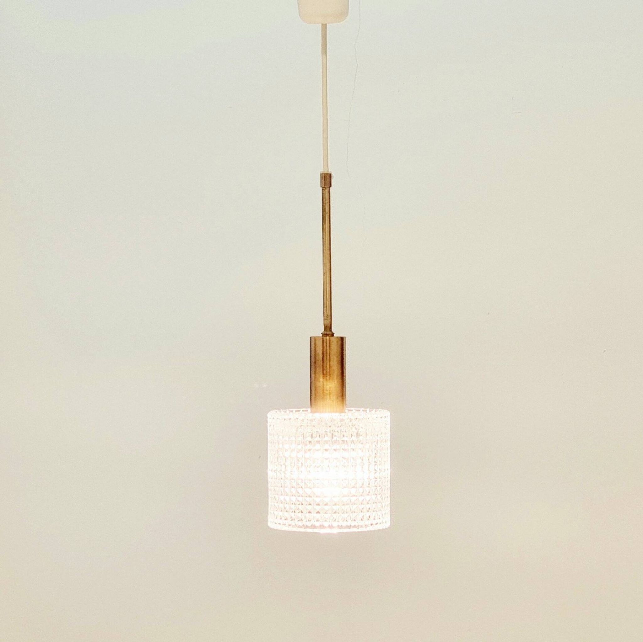 Mid-Century Scandinavian Crystal Glass & Brass Ceiling Light by Fagerlund