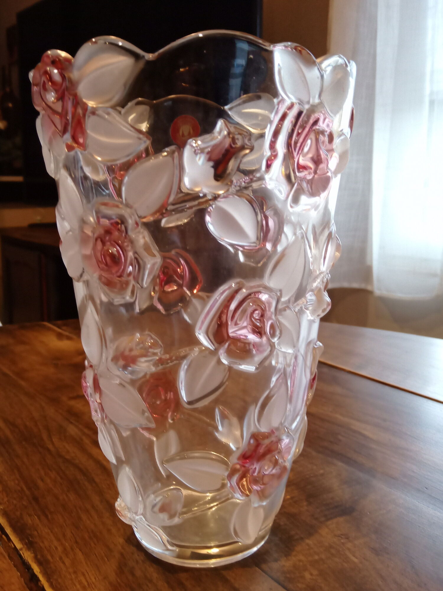 Glass vase molded pink flowers and opaque foliage "Original Waltherglas made in Germany"