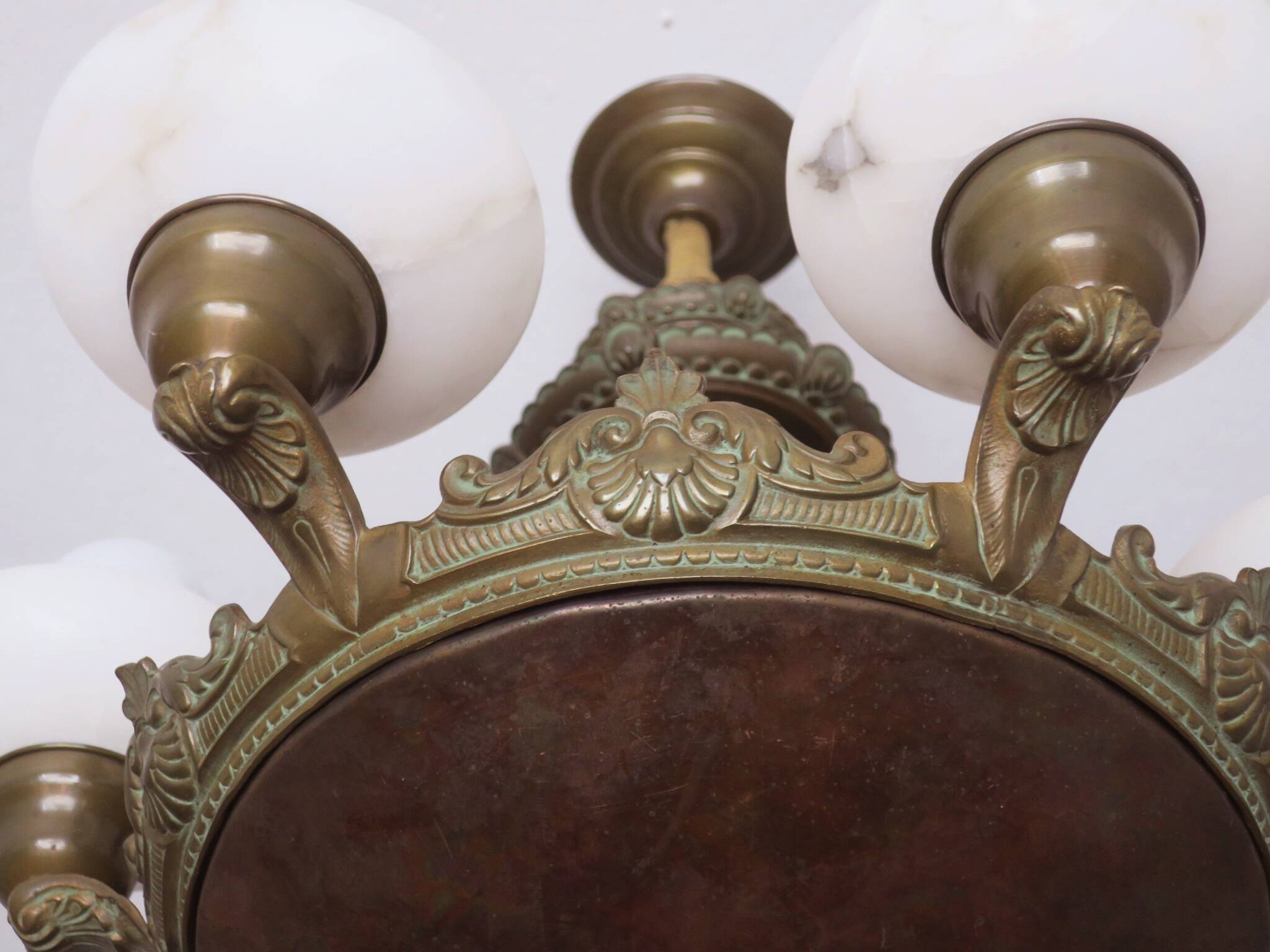 Antique bronze and alabaster 6-light chandelier, 1910