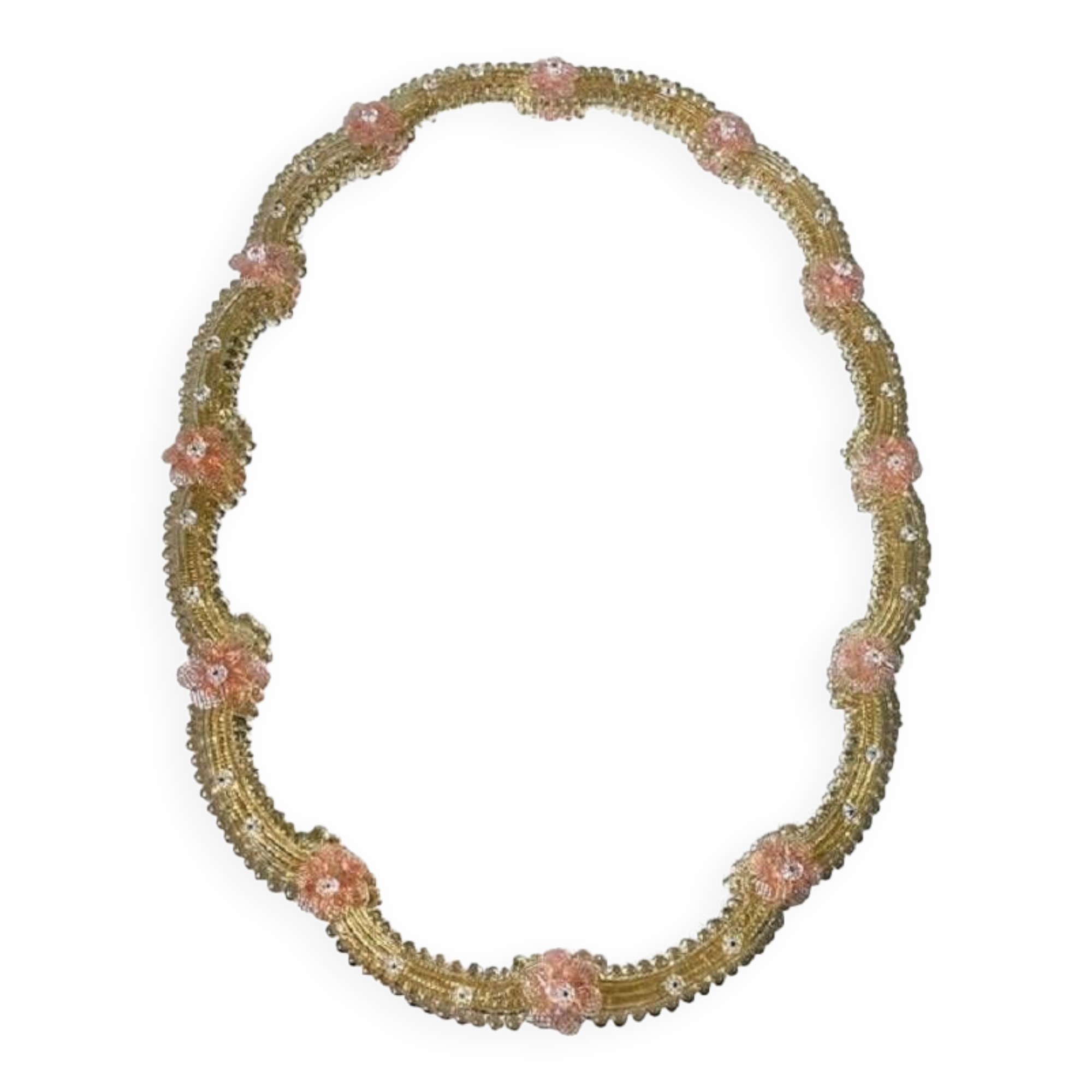 2000s venetian oval gold and pink floreal hand-carving mirror in murano glass style