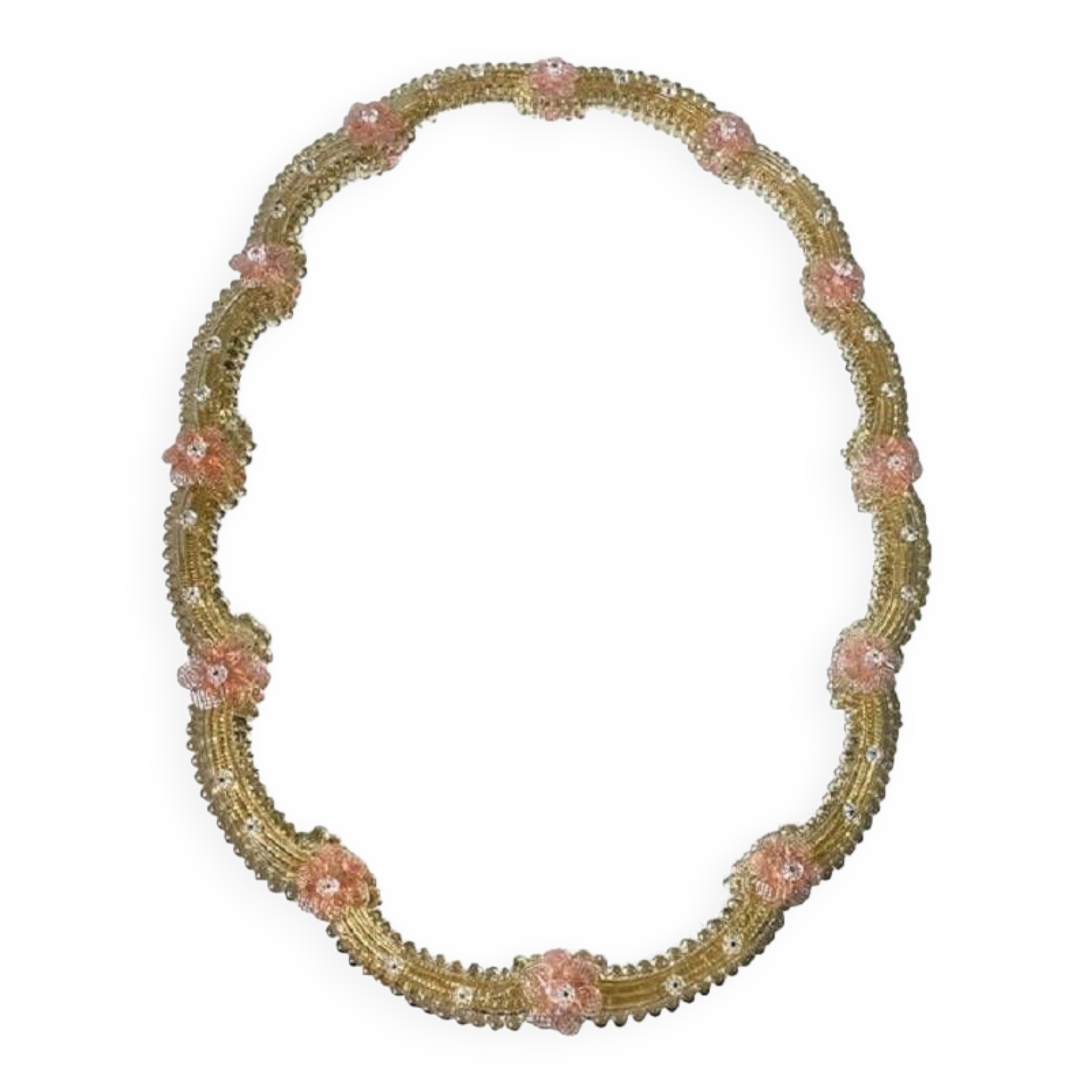 2000s venetian oval gold and pink floreal hand-carving mirror in murano glass style