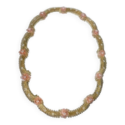 2000s venetian oval gold and pink floreal hand-carving mirror in murano glass style