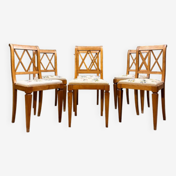 Suite of six directoire style natural wood chairs 19th century