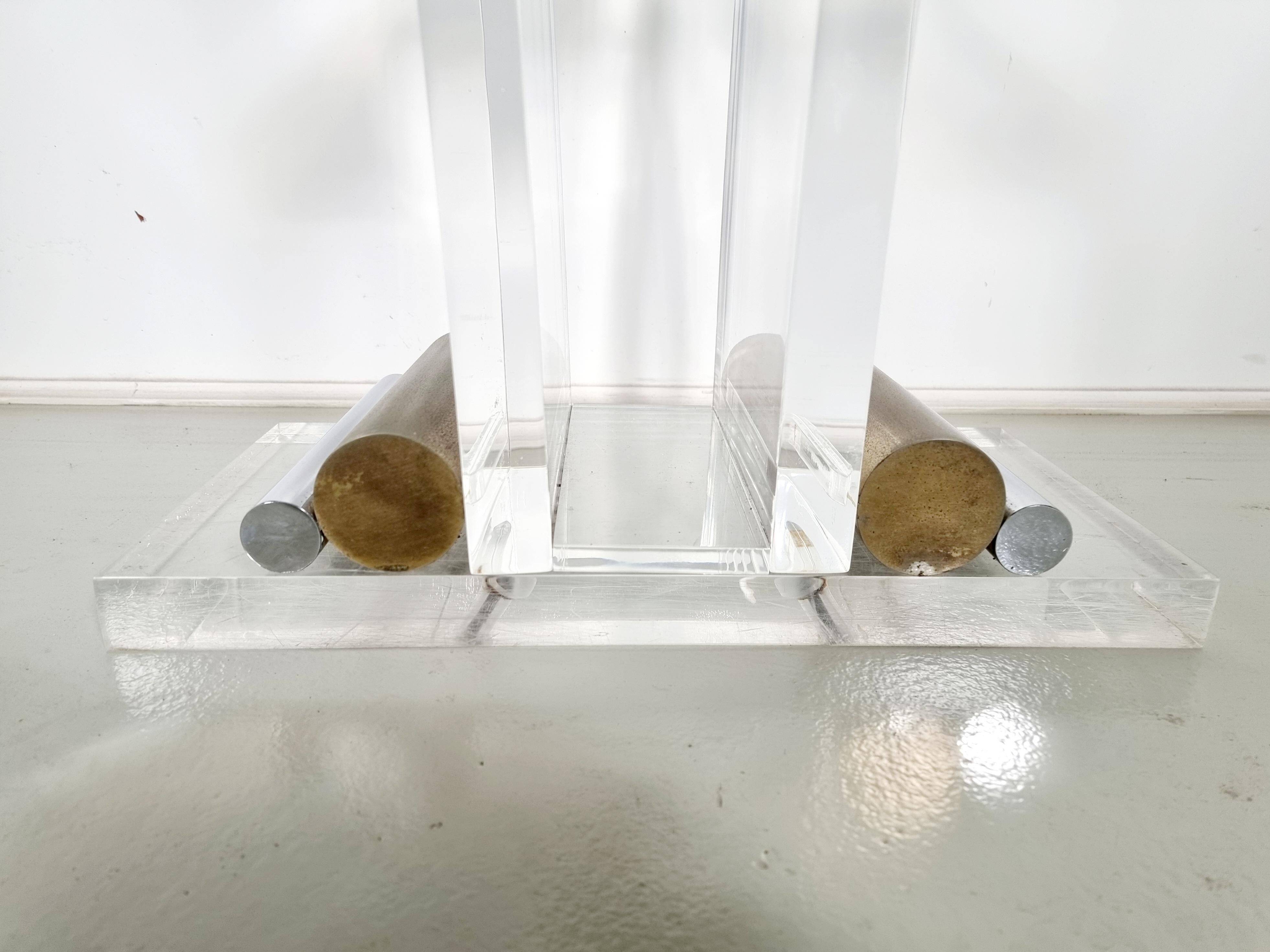 Console table by Charles Hollis Jones in lucite, brass, and glass, 1970.