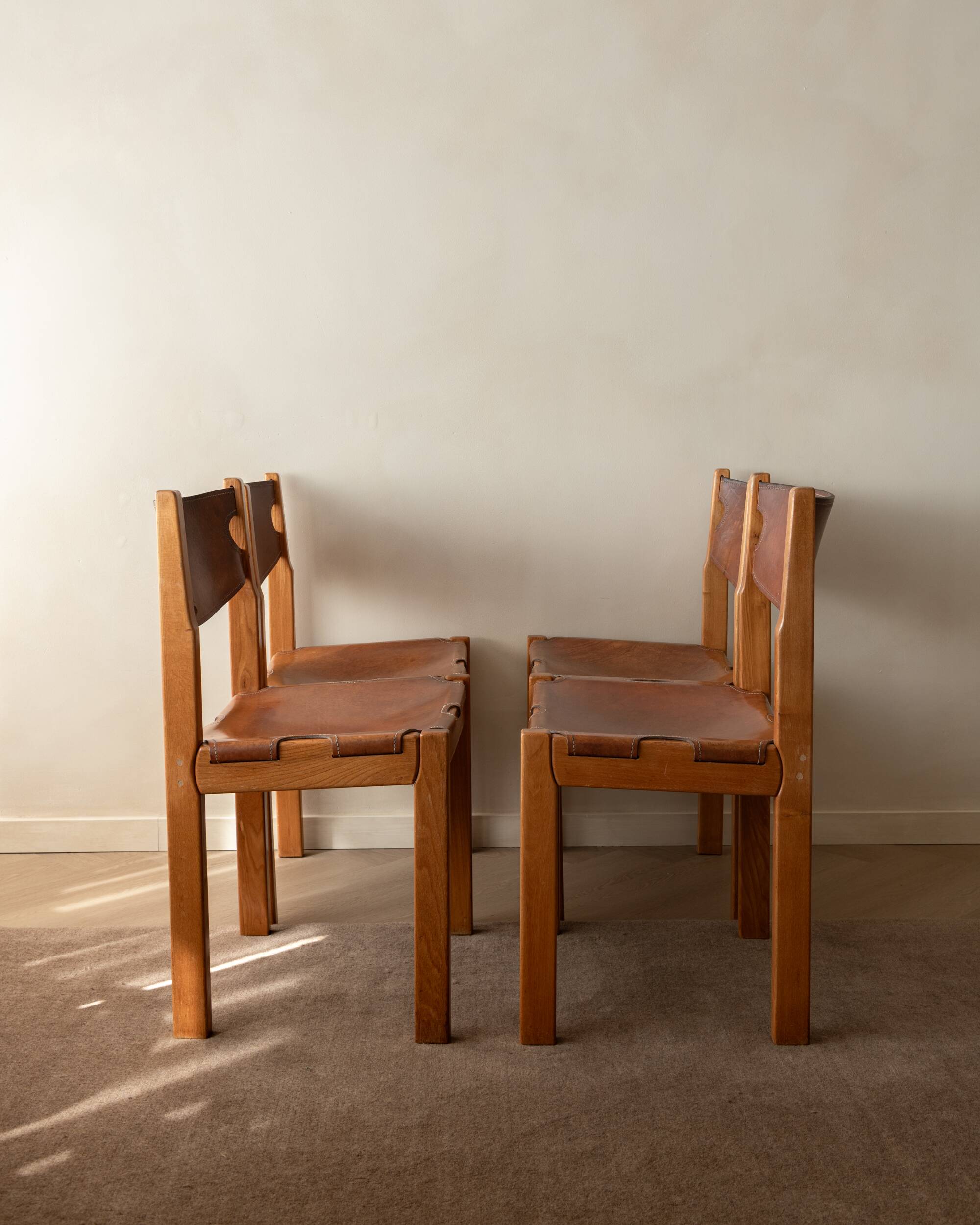 Brutalist Elm and Leather Dining Chairs by Maison Regain, 1970s, Set of 4
