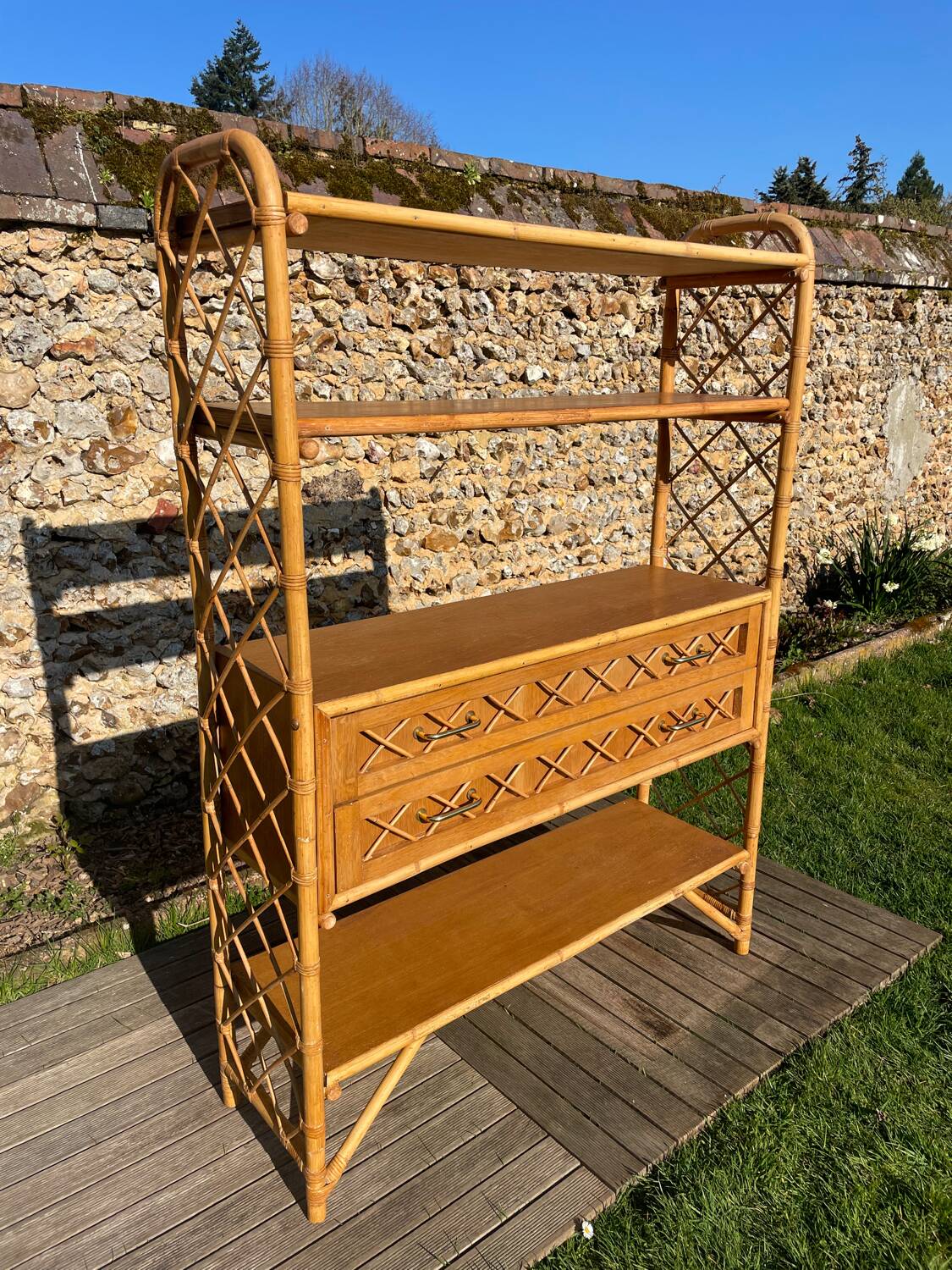 Vintage 1960s rattan and oak shelf by Louis Sognot