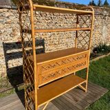 Vintage 1960s rattan and oak shelf by Louis Sognot