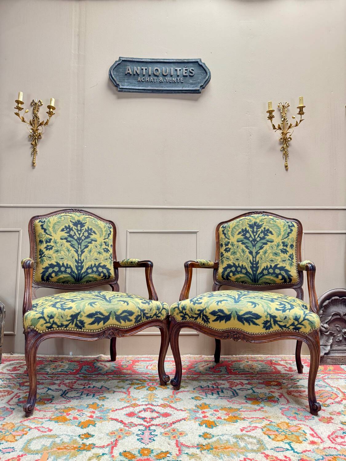 Pair of Louis XV Style Walnut Armchairs, 19th Century