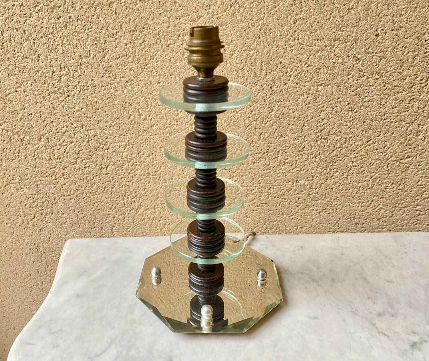 Art deco mirror glass & wood lamp base modernist design