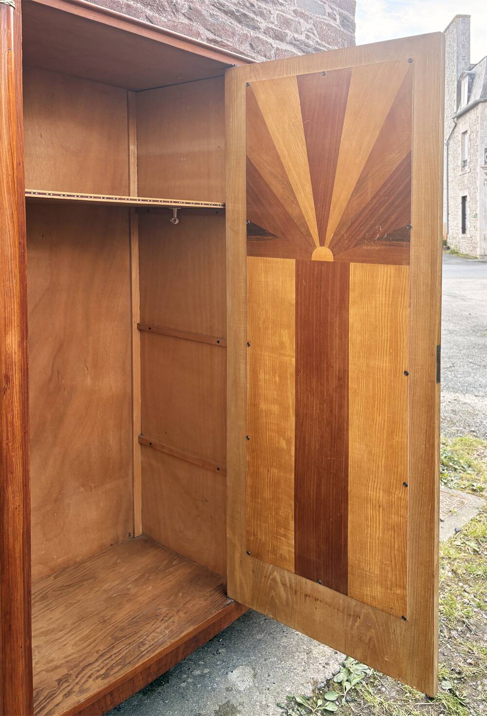 Art Deco wardrobe in flame walnut with central mirror – French elegance