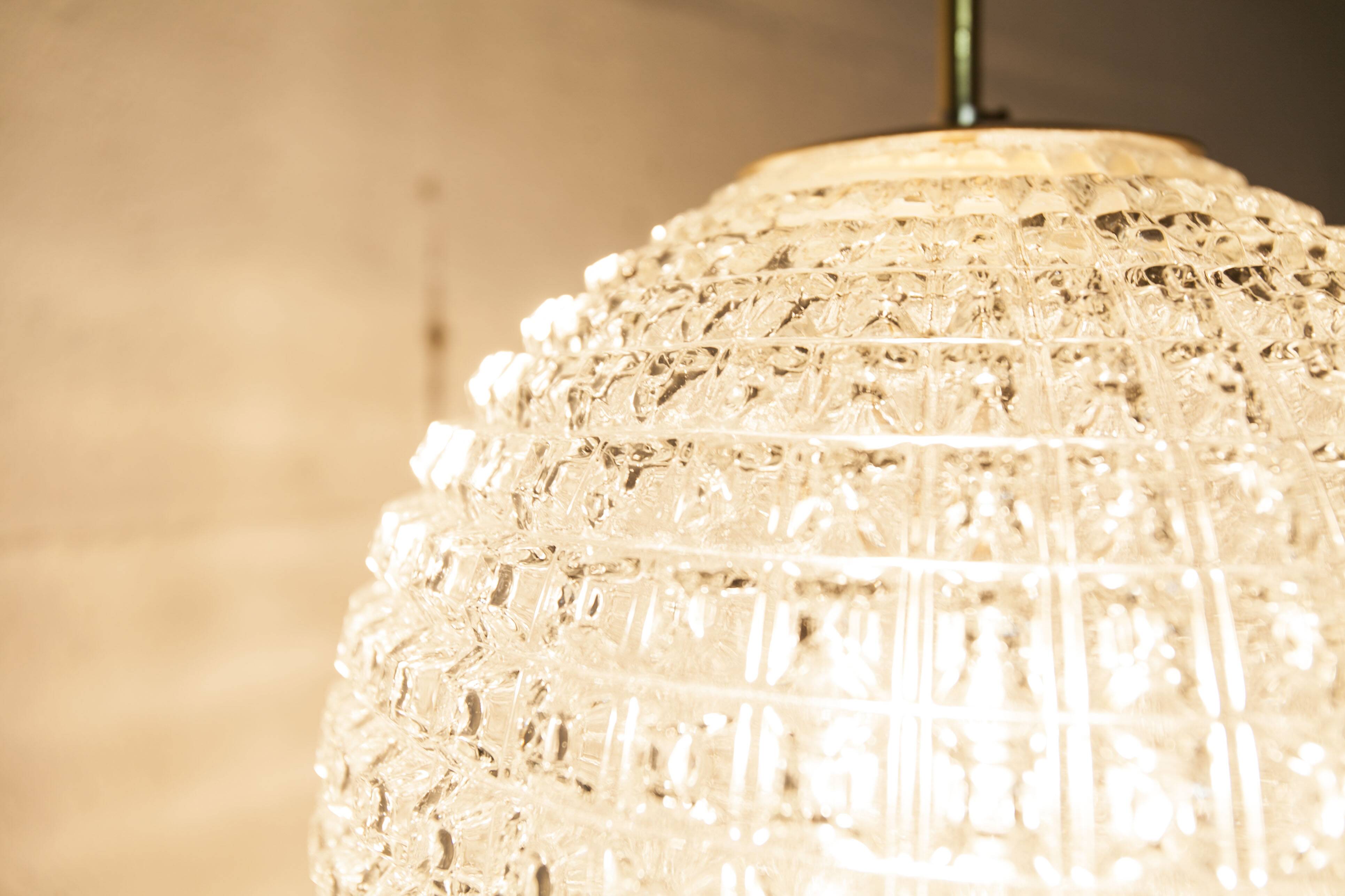 1960s Holophane Ball Pendant Chandelier, Thick Glass, 30 cm, and Vintage Brass