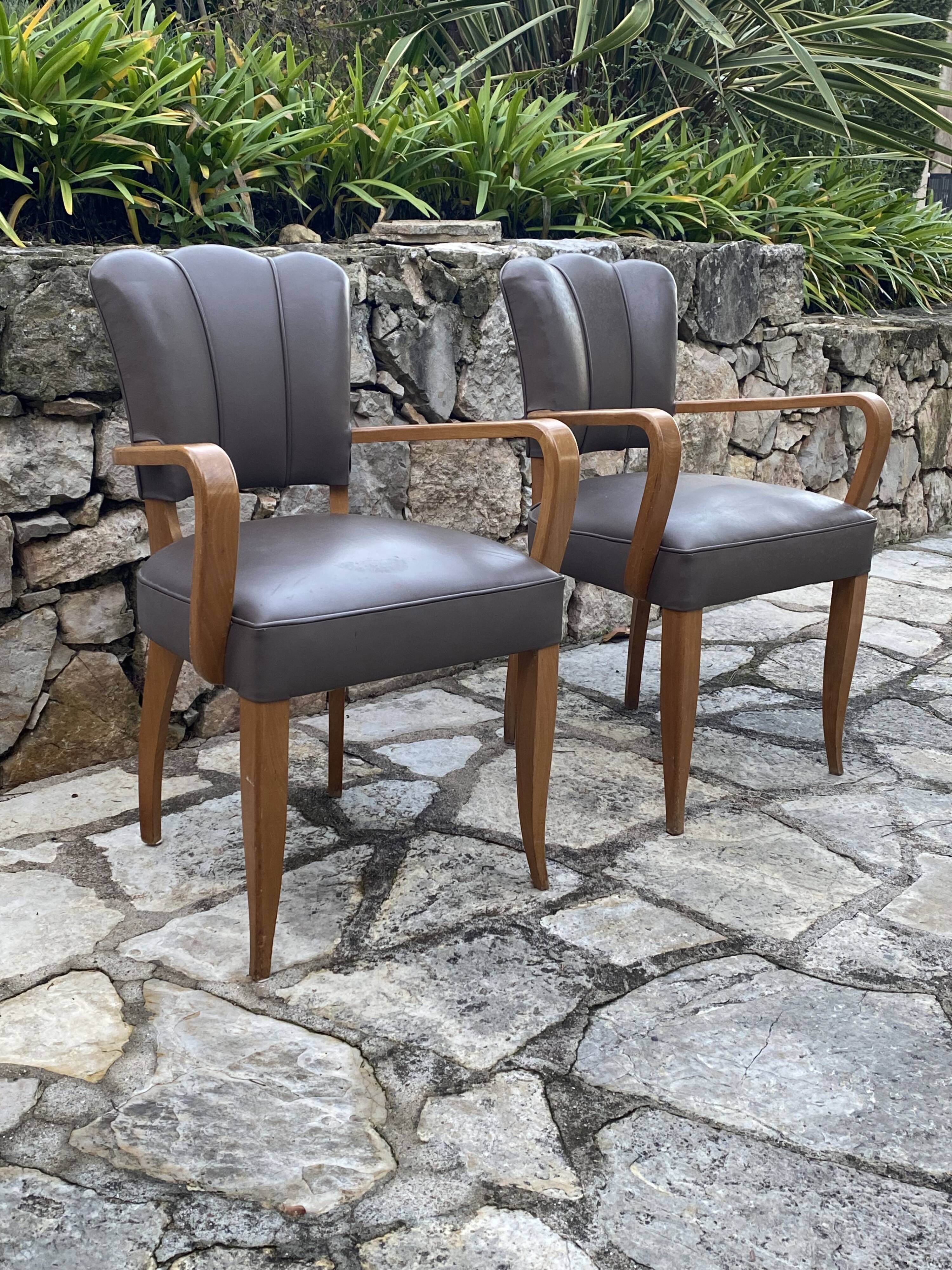Pair of vintage bridge armchairs in genuine leather