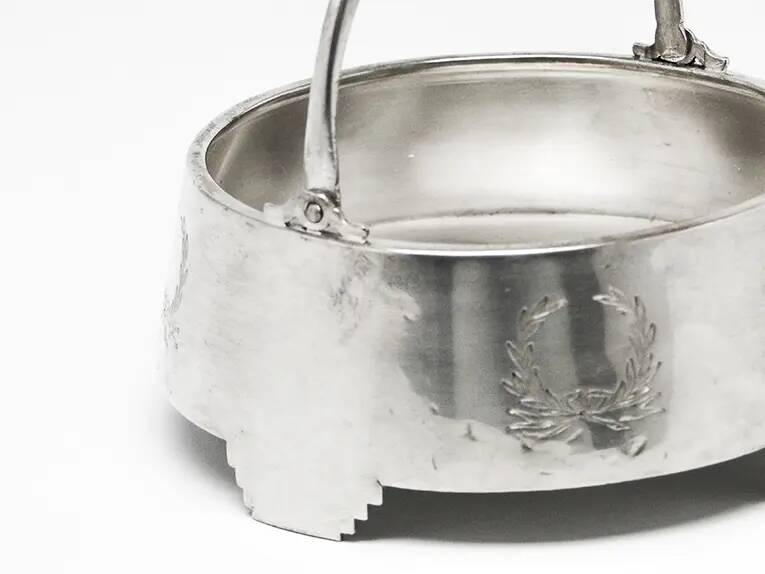 Neoclassical basket sugar bowl, silver-plated brass, Fraget, Poland, early 20th century