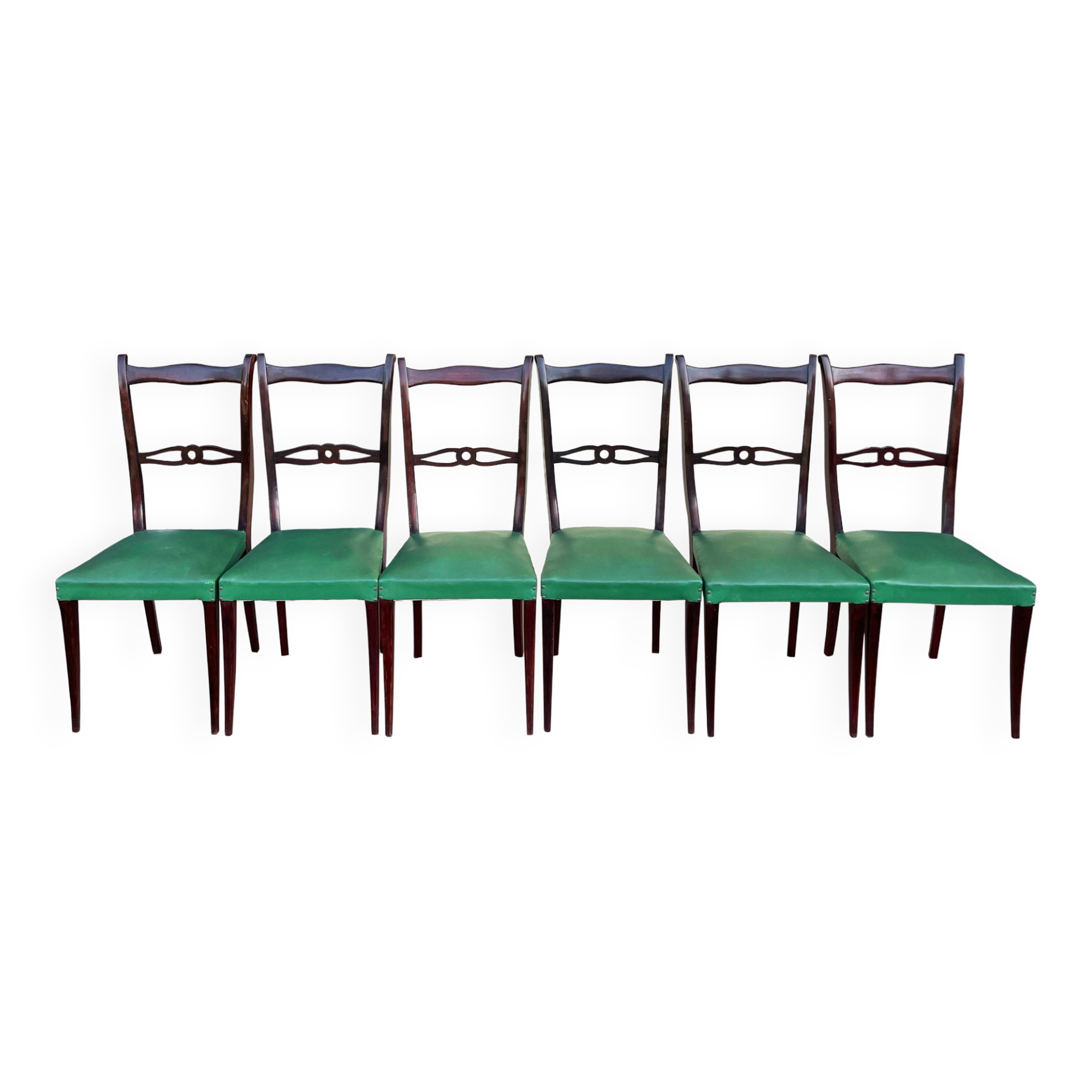 Ensemble italien de six chaises vintage noires et vertes 1960