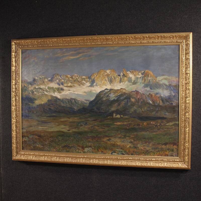 Antique Italian signed mountain landscape painting from 19th century