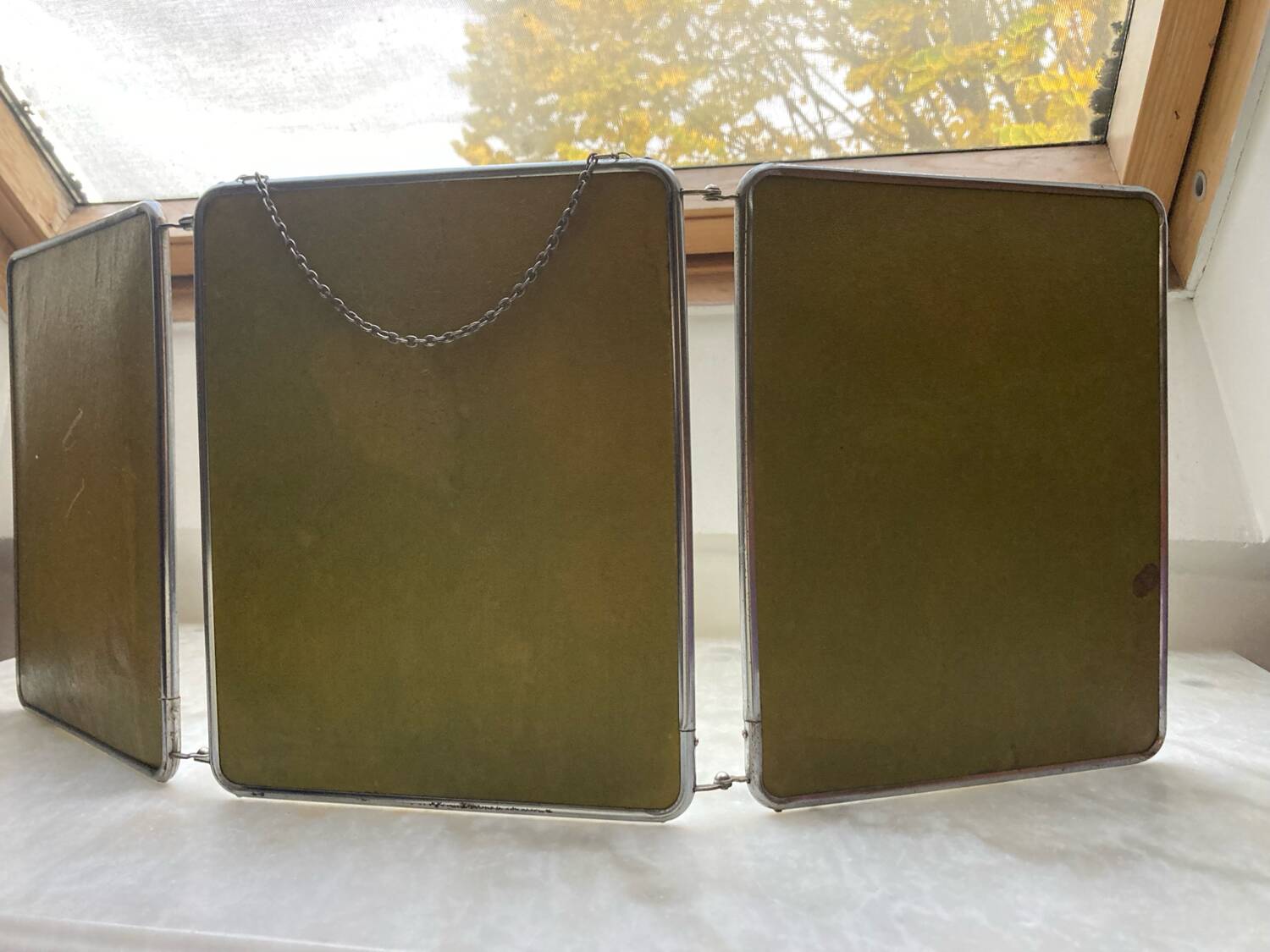 Vintage vertical beveled triptych barber mirror