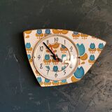 Vintage formica clock silent asymmetrical wall pendulum "Blue flowers"