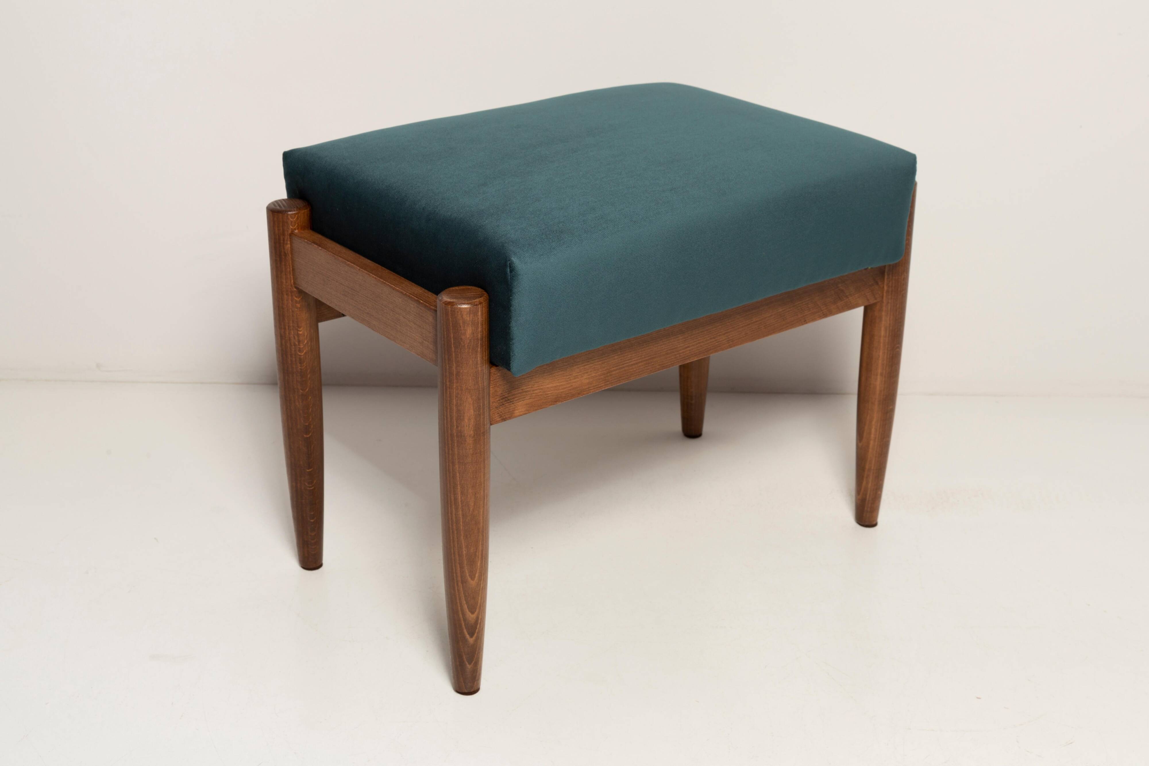 Vintage mid-century petrol blue velvet stool, Edmund Homa, Europe, 1960s.