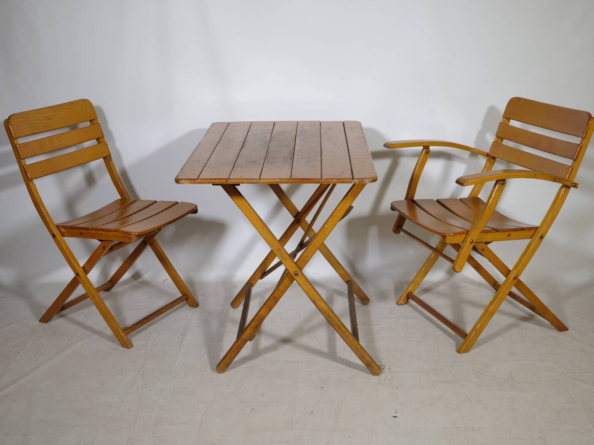 Vintage Solid Wood Folding Garden Furniture Set, Set of 3, 1970s