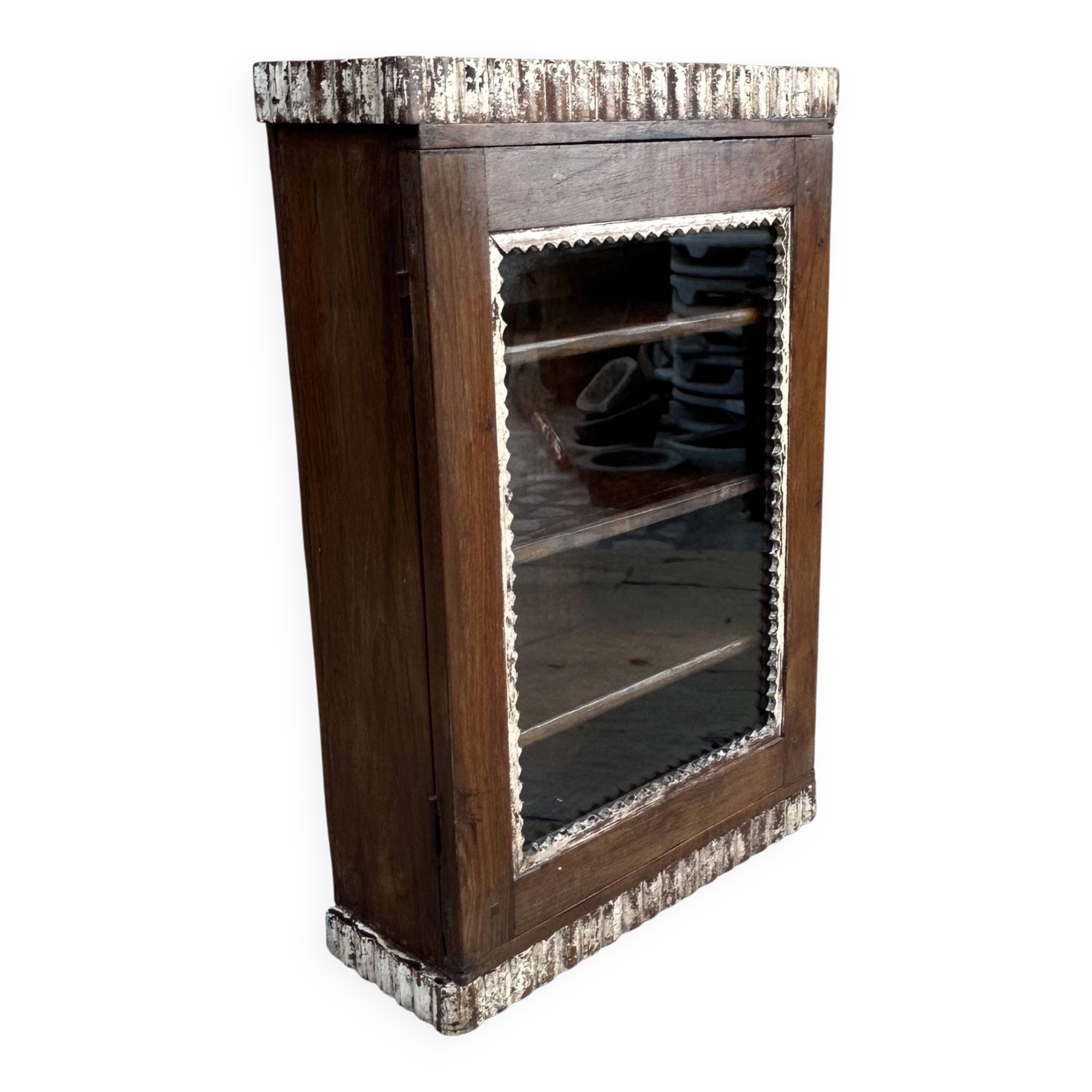 Art Deco wall display cabinet in Burmese teak with original patina.
