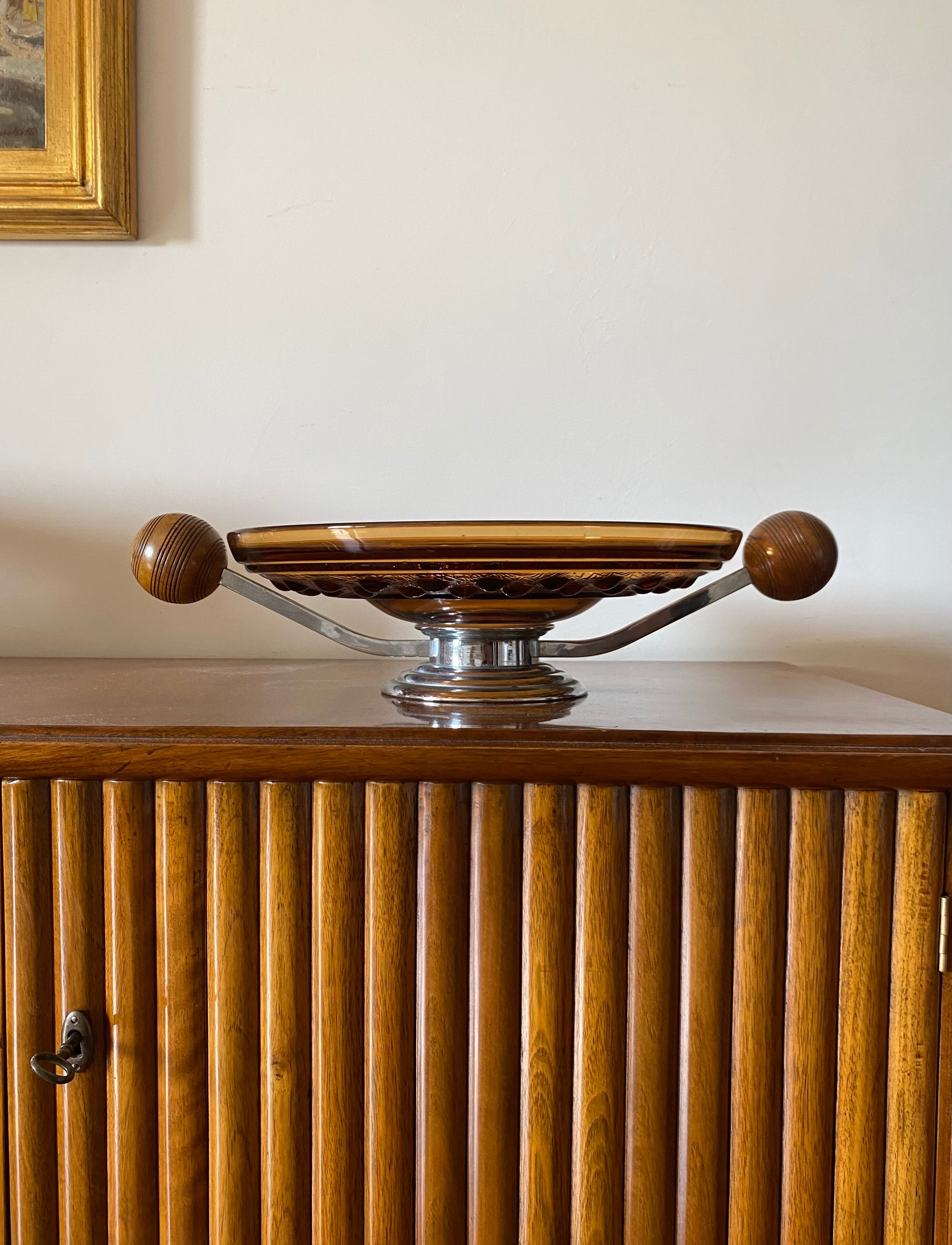 Art Deco large orange glass centerpiece / vide-poche, Italy 1940s