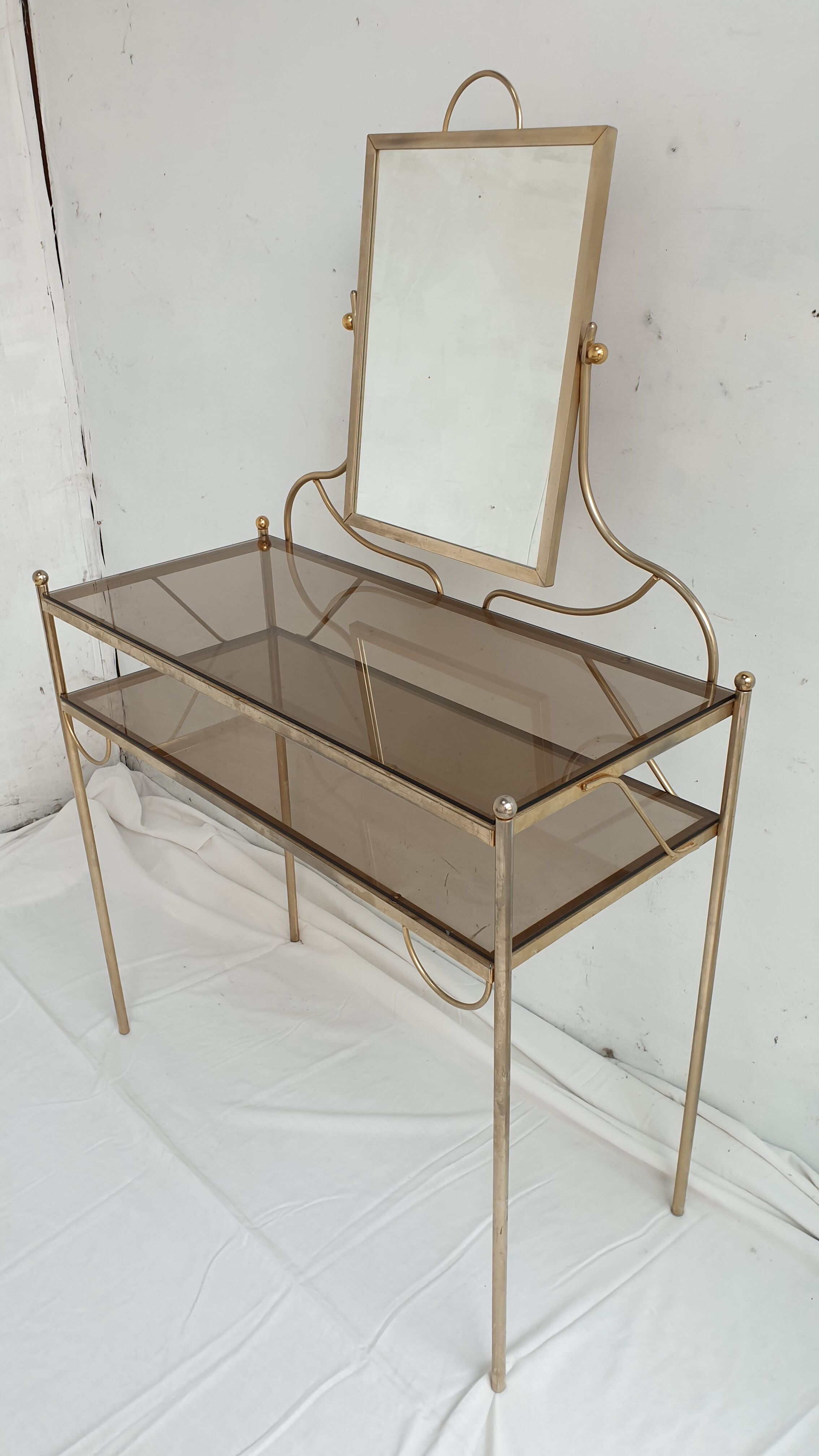Vintage hairdresser 1950s brass and glass with mirror and matching seat