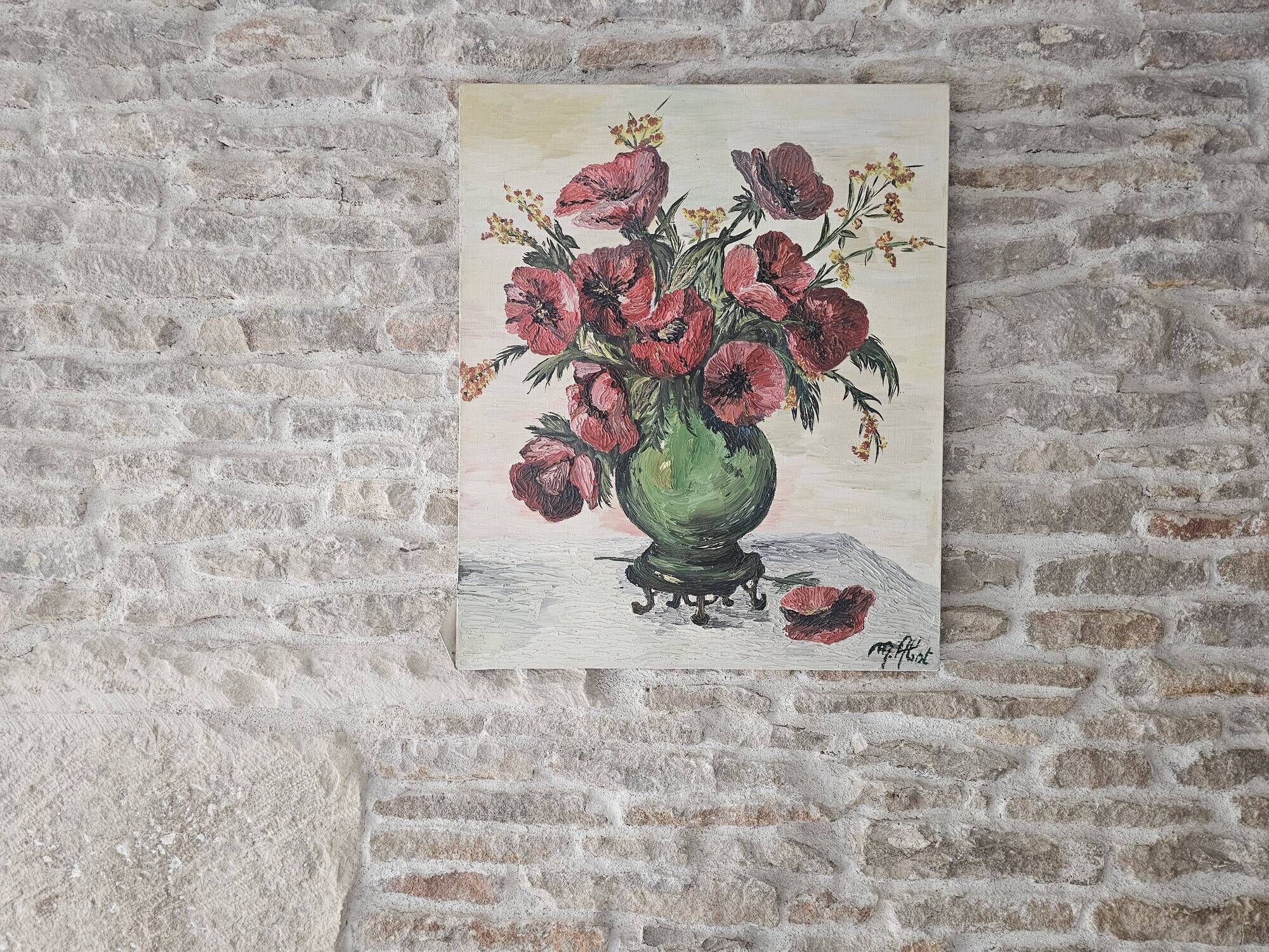 Oil on Canvas Knife Painting Still Life Flowers Poppies Signed M