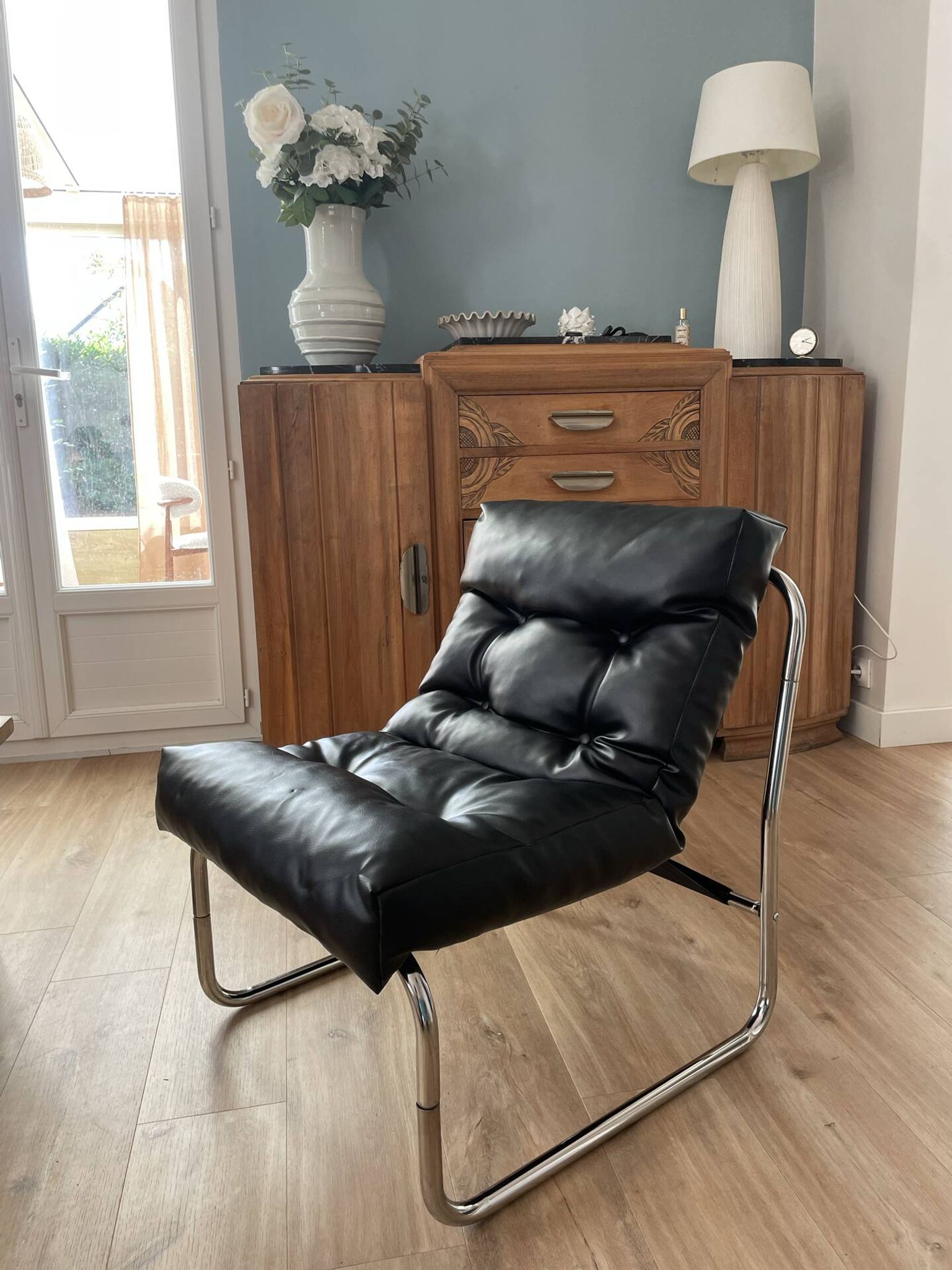 Fauteuil Pixi vintage IKEA inox simili cuir