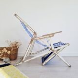 Chaise longue - Transat ancien en tissu rayé bleu et blanc
