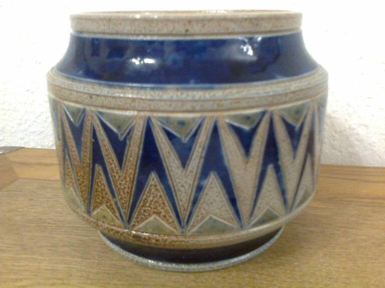 real Betschdorf Alsace vase pot, salt sandstone, blue gray, incised patterns