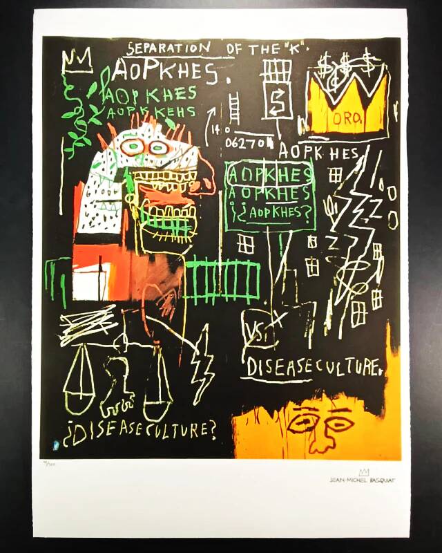 Limited edition lithograph by Jean-Michel Basquiat from the 1990s, numbered in pencil.