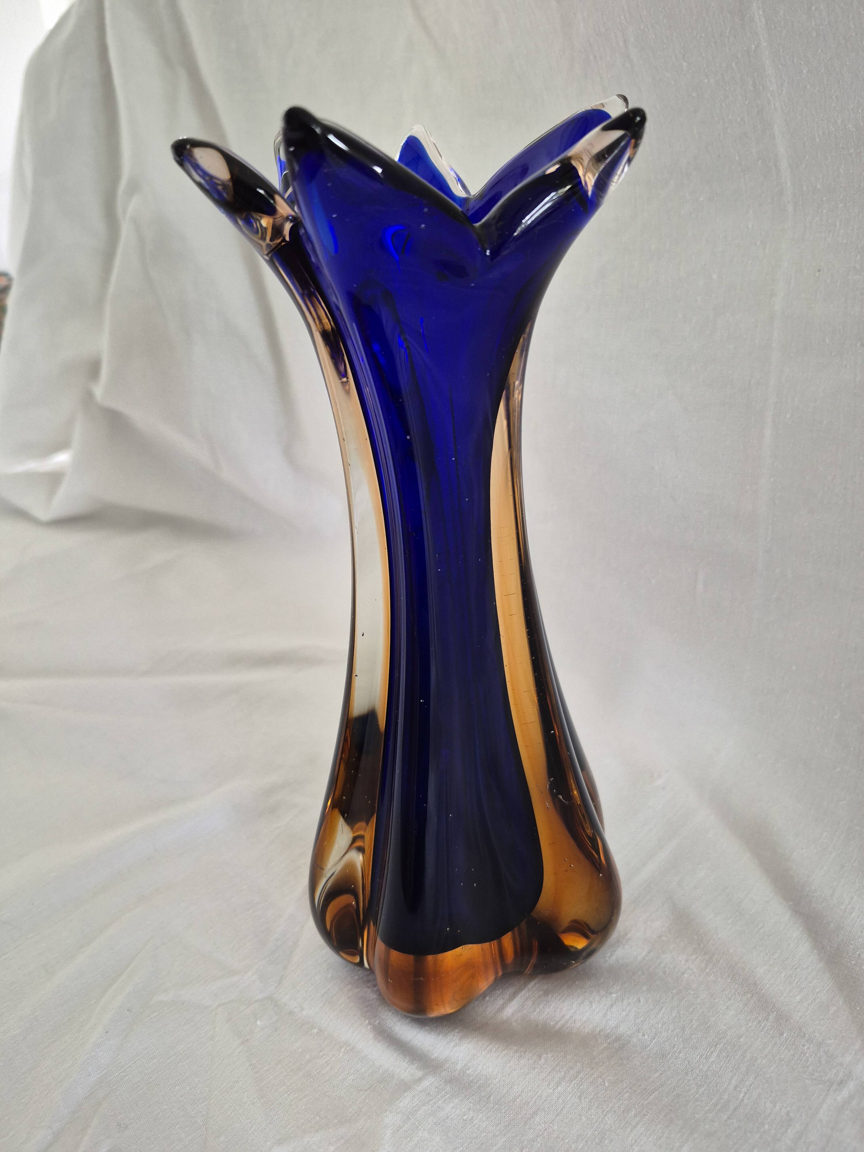 Vintage cobalt blue and amber blown glass vase in Murano style.