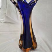 Vintage cobalt blue and amber blown glass vase in Murano style.