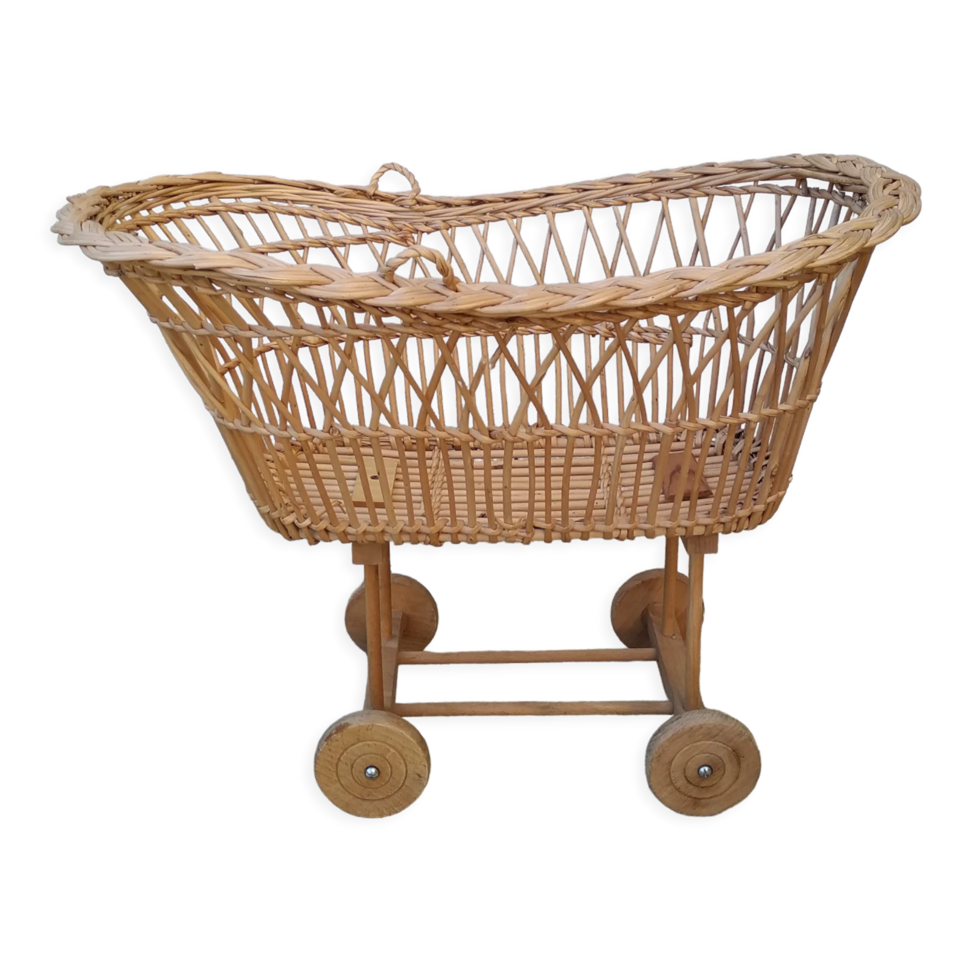 Rattan cradle for doll on vintage wheels