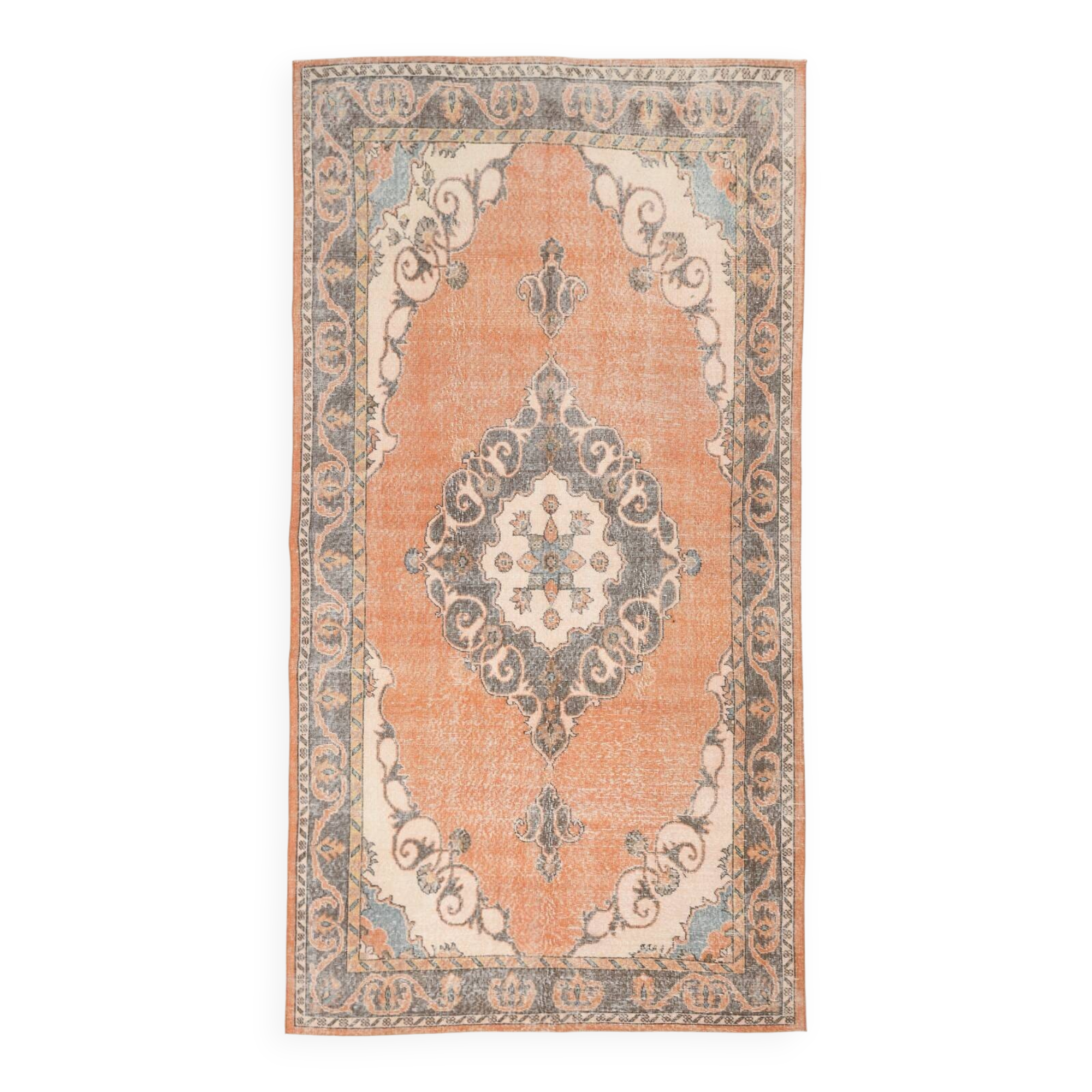Tapis vintage orange et beige à médaillon central patiné, 157x299 Cm