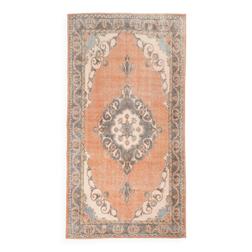 Tapis vintage orange et beige à médaillon central patiné, 157x299 Cm