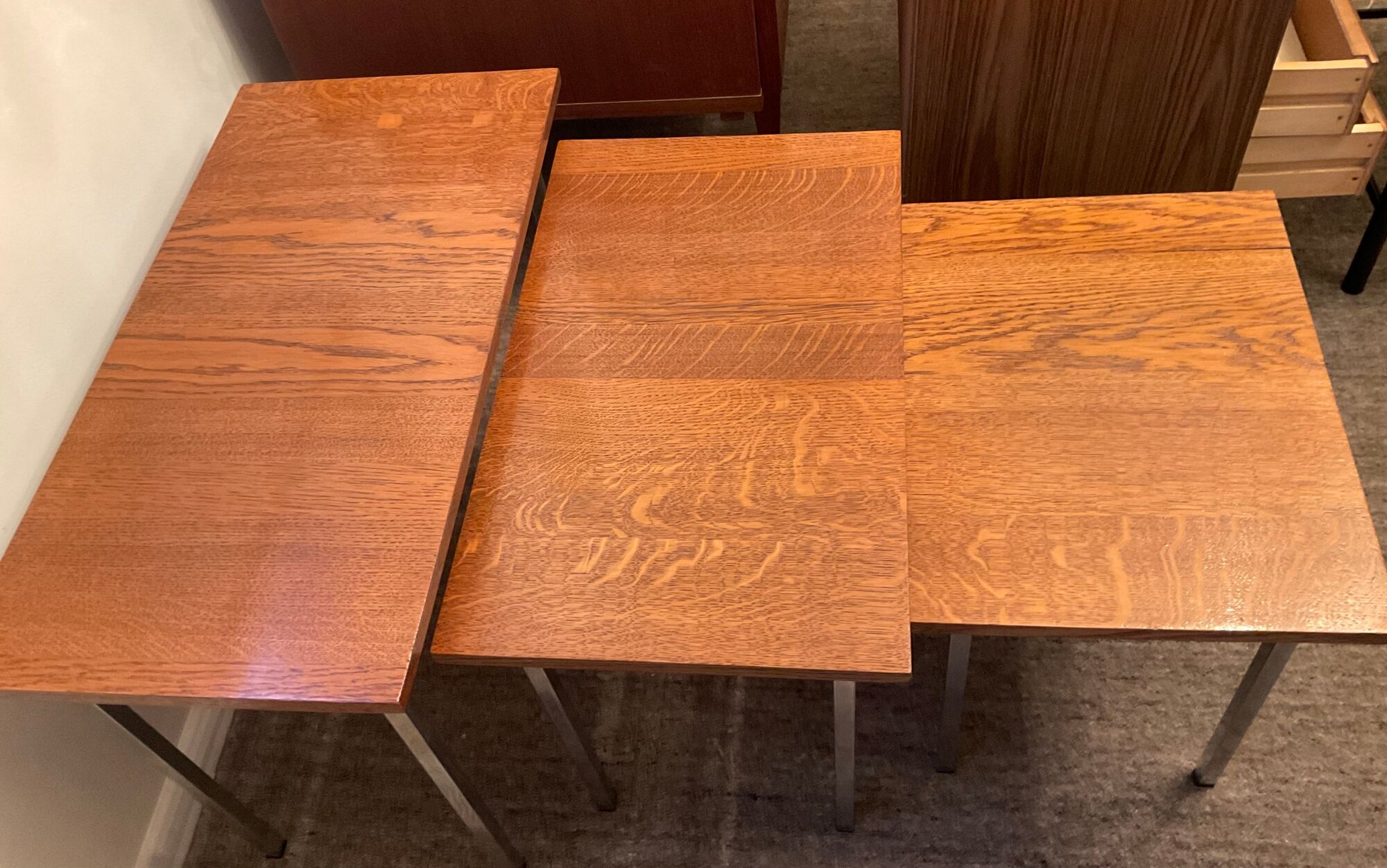 Series of 3 nesting tables from the 70s in wood and chromed metal