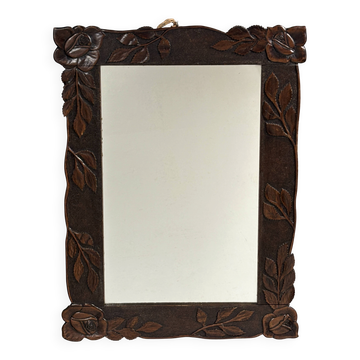 Arts & Crafts hand-carved wall mirror with floral roses, early 20th century